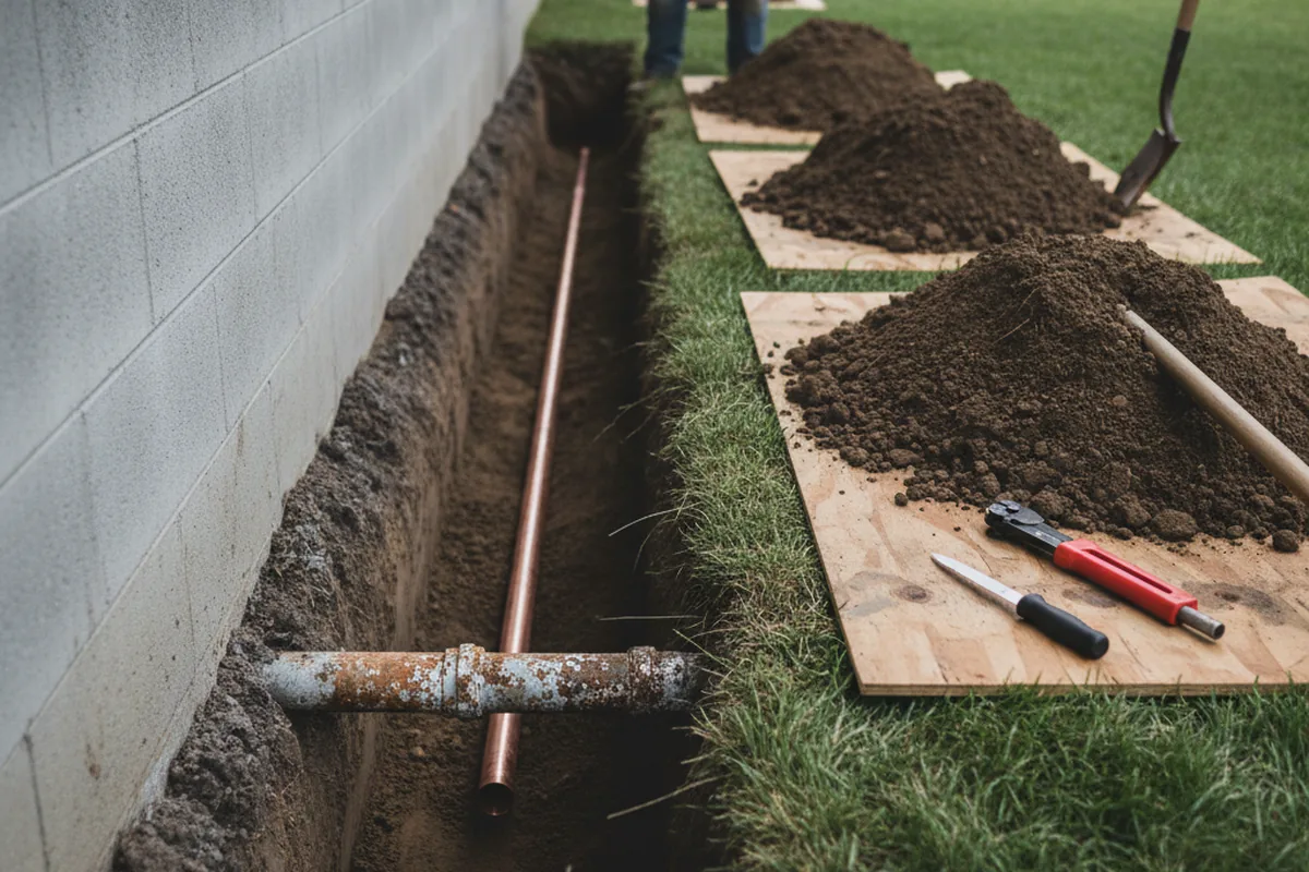Excavated water line trench during Water Softener Installation in Castalian Springs